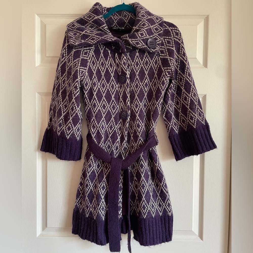 Grifflin Paris Vintage Mohair Purple Diamond Pattern Buttoned Sweater Jacket